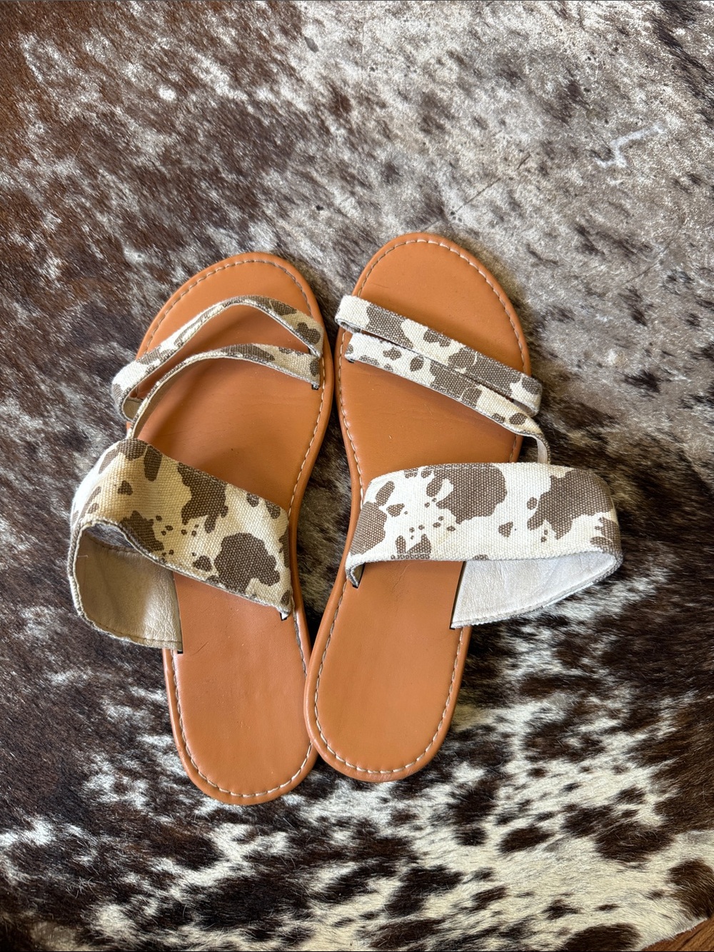 SHEIN Brown & Cream Canvas Strap Slide Sandals